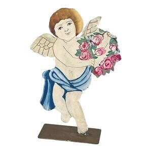 VTG Hand Painted Cherub BUD VASE Decor 8" Metal Angel Figurine Glass Flower Tube